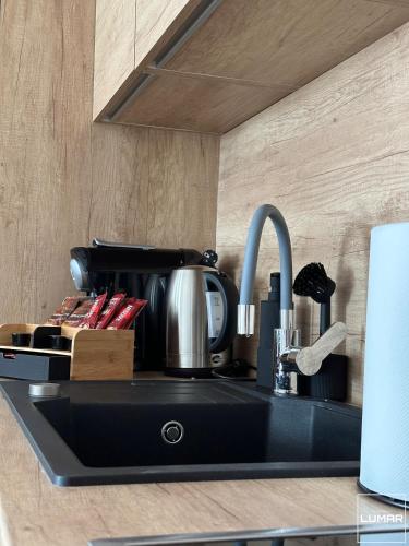 a kitchen counter with a sink with a coffee maker at Apartment Lumar in Ljubuški