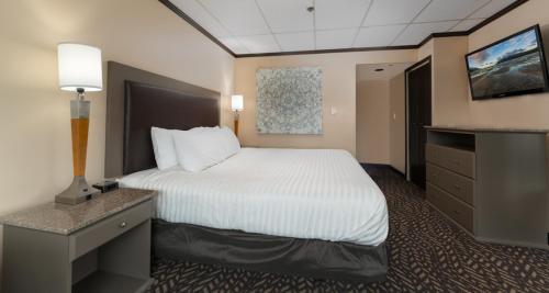 a hotel room with a bed and a television at Prestige Oceanview Hotel Prince Rupert in Prince Rupert