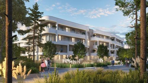 wizualizacja budynku z ludźmi chodzącymi przed nim w obiekcie Hotel LIDO Jurata - Apartamenty BrolCo w Juracie
