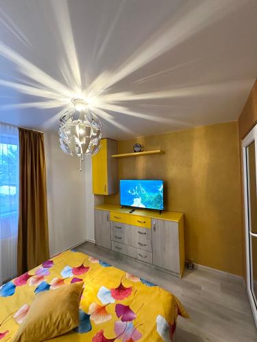 a bedroom with a large bed and a television at Gold Vibe Apartment in Topliţa