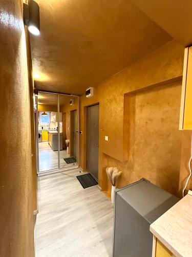 a hallway leading to a room with a hallway at Gold Vibe Apartment in Topliţa