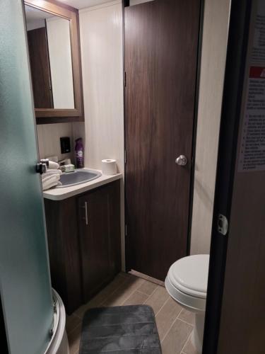 a bathroom with a toilet and a sink and a mirror at Cozy Camping in Hot Springs