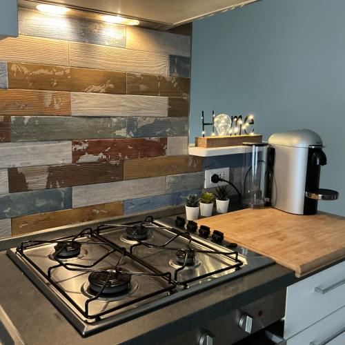 a stove top in a kitchen with wooden walls at La Casina sul Tetto in Albano Laziale