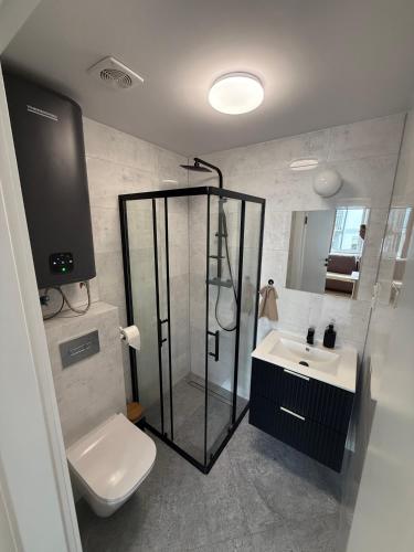 a bathroom with a shower and a toilet and a sink at Apartamenty Oakland in Debina