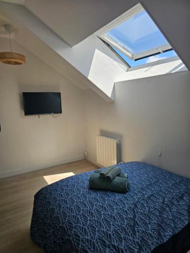a bedroom with a bed and a skylight at Joli studio plein centre proche Gare Orléans in Orléans