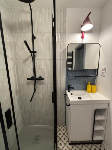 a bathroom with a shower and a sink and a mirror at Dębina Spot 27 in Debina