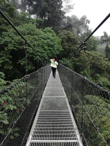 a person walking across a suspension bridge in the rain at Hotel Nativo Arenal in Fortuna