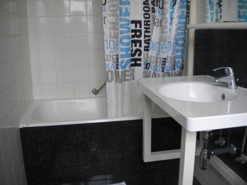 a bathroom with a sink and a tub with a shower curtain at Hotel Queen Mary in Brussels