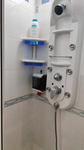 a bathroom with a shower with a hose at La Casetta Bianca Vicino Mare in Vibo Valentia Marina