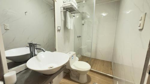a bathroom with a sink and a toilet and a shower at La Casa del Viajero in Lima