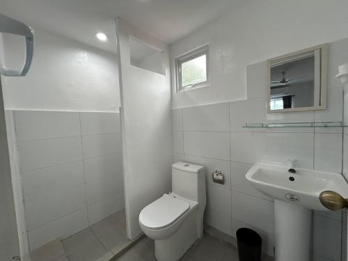 Un baño blanco con inodoro y lavabo. en Lycanhikers Apartments, en Panglao