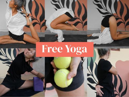 a collage of photos of a woman doing yoga at Casa Colibri Palomino in Palomino