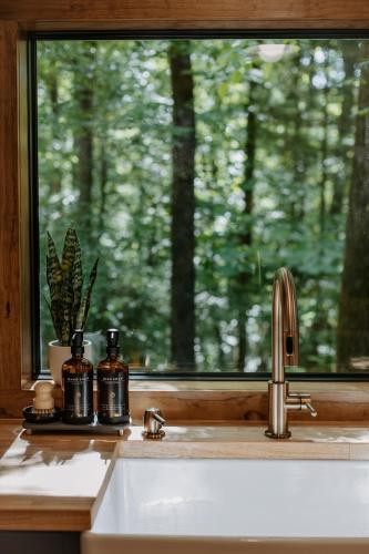 a kitchen sink with a window and a sink at Wilewood A-Frame, Romantic Treehouse Getaway, Hot Tub in Abbeville