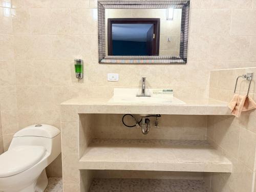 a bathroom with a toilet and a sink and a mirror at Casa Cactus in San Sebastian Xolalpa
