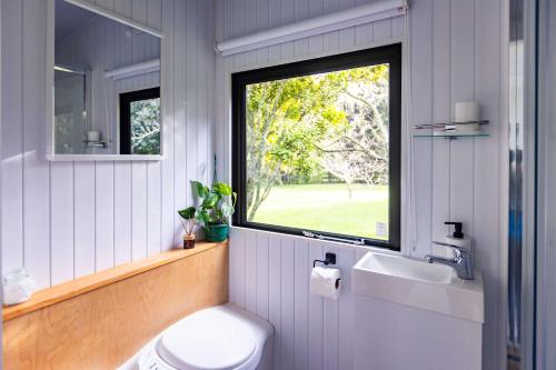 a bathroom with a toilet and a window at Creekside at Kūaotunu in Matarangi