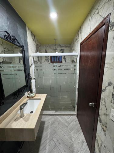 a bathroom with a shower and a sink and a mirror at Hotel Boutique La Casa de María Joyita in Aguascalientes
