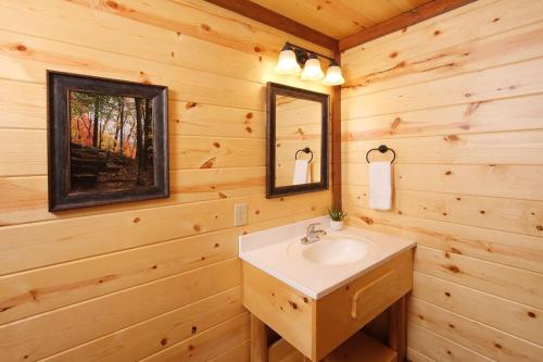 Un baño con lavabo en una cabaña de troncos en The Inn at Bethlehem Way, en Sevierville