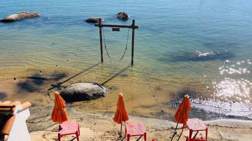 two chairs and a swing in the water on a beach at EXCLUSIVIDADE à beira-mar in Angra dos Reis