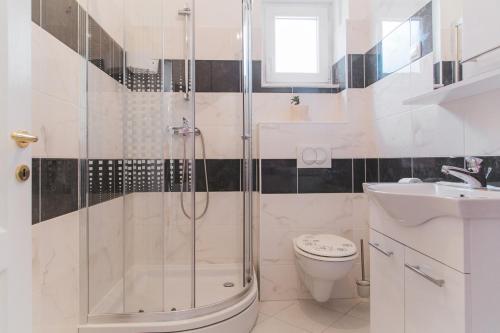 a bathroom with a shower and a toilet and a sink at Apartment Chiara in Dugi Rat