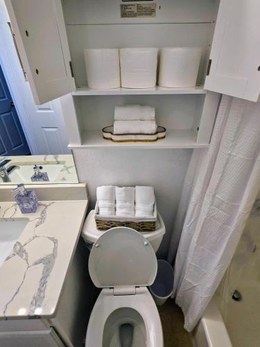 a bathroom with a toilet and a sink with towels at Arlington Social in Arlington