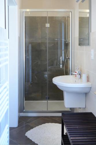a bathroom with a shower and a white sink at Villa Lidia Teramo in Teramo