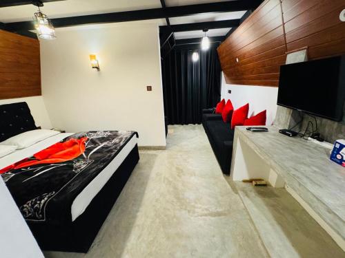 a room with a bed and a couch and a tv at Dreamers Den in Nuwara Eliya