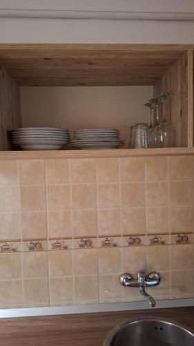 a kitchen counter with plates on a shelf above a sink at Boho Chic Apartament in Reghin