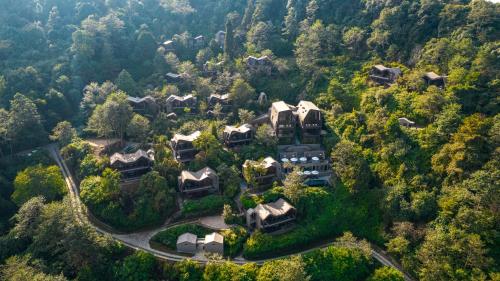 an aerial view of a mansion in a forest at Kavya Himalayas in Nagarkot