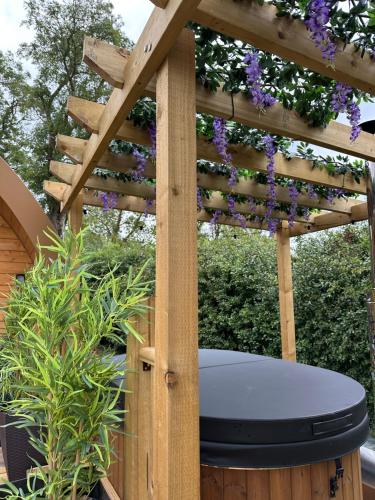 a wooden pergola with purple flowers on it at Southwell Retreat Glamping Pods in Southwell
