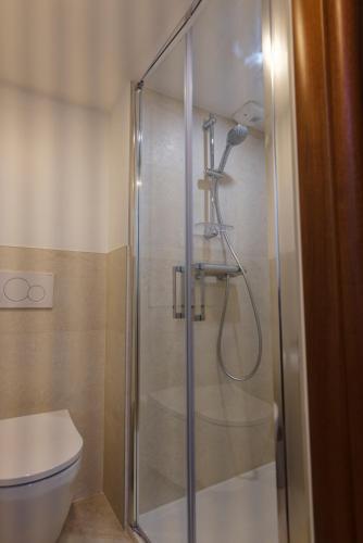 a shower with a glass door next to a toilet at Mas des quatre cyprès in Spéracèdes