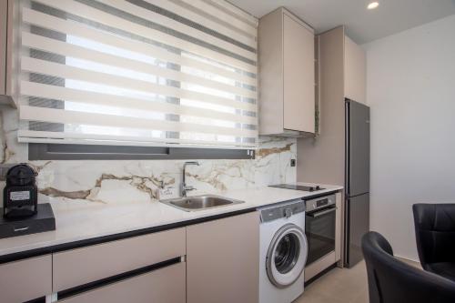 a kitchen with a sink and a washing machine at Nostos Luxury Apartments in Kremasti