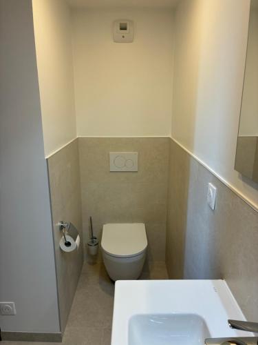 a bathroom with a white toilet and a sink at Mas des quatre cyprès in Spéracèdes