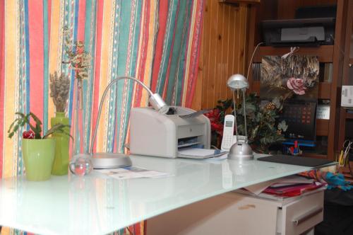 a desk with a printer and a lamp on it at Stanjel Carst House 13 Andreja in Štanjel