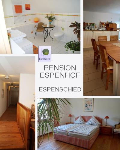 a collage of photos of a kitchen and a room at Pension Espenhof 