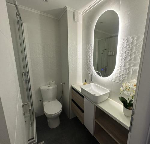 a bathroom with a toilet and a sink and a mirror at City Center Apartment in Zrenjanin