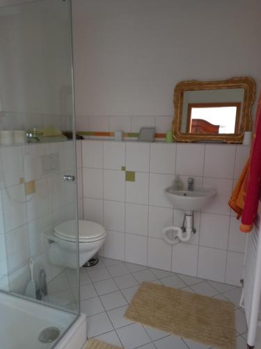 a bathroom with a toilet and a sink at Pension Espenhof 