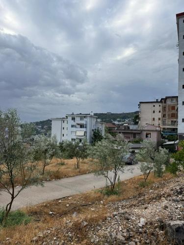 a road in a city with buildings and trees at Apartament Drasa in Gjirokastër