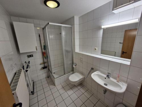 a bathroom with a shower and a toilet and a sink at Fewo-32-Hauke in Orth