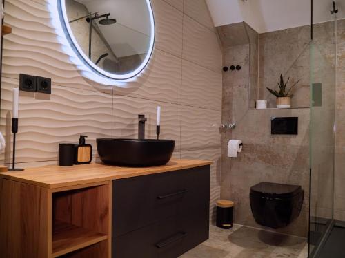 a bathroom with a sink and a mirror at Living am Carlsplatz Apartment in Düsseldorf