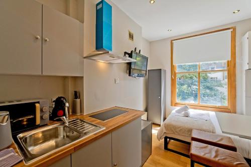 a kitchen with a sink and a counter top at Imperial Earls Court Apartments in London