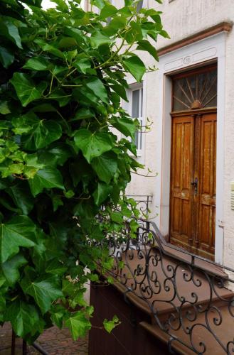 a building with a wooden door and a bush at Eifel Fewo in Neuerburg