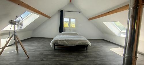 a bedroom with a bed in a attic with windows at Maison pleine nature Aiguebellette et Bourget in Loisieux