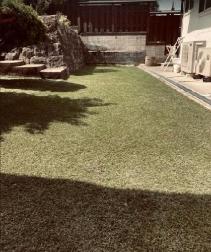 a yard with green grass and a building at 福のや in Unnan