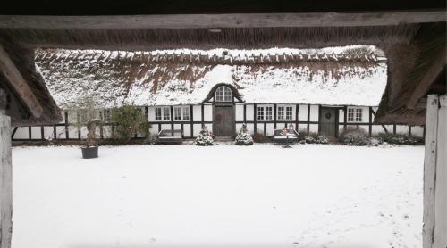 a house with a snow covered roof in a yard at Solbjerggaard Bed & Breakfast in Fåborg