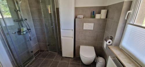 a bathroom with a toilet and a glass shower at Bungalow Helga in Fürstenwalde
