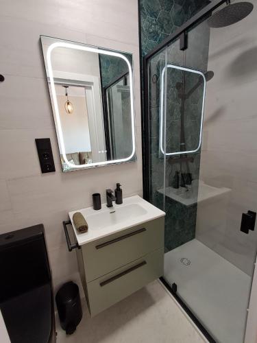 a bathroom with a sink and a shower and a mirror at Apartman CA34 in Villajoyosa