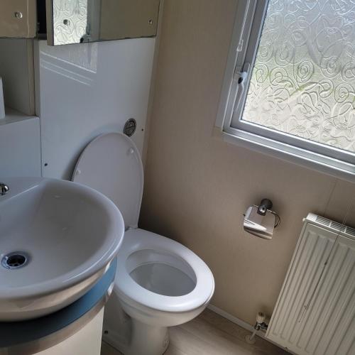 a bathroom with a toilet and a sink and a window at 125 Maple Lake Southview Caravan Park in Winthorpe