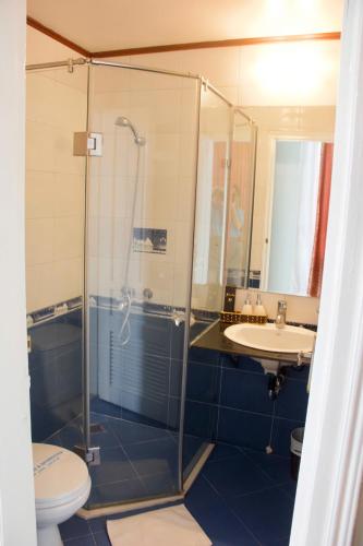 a bathroom with a shower and a toilet and a sink at Hanoi Street Hotel in Hanoi