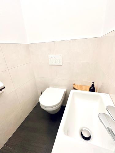 a white bathroom with a toilet and a sink at Die Frida by Da Alois - Alpine Premium Apartments in Gröbming