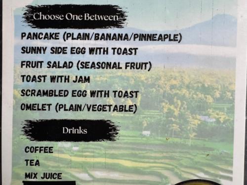 a menu for a restaurant with a view of the water at Nona Lodge in Tetebatu